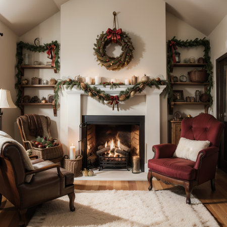 Home comfort. Armchair near the fireplace with firewood. Photo of interior of room with a wooden wall, wreath and garlands, Christの素材