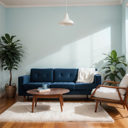 Retro style cozy living room with blue walls and white floorの素材