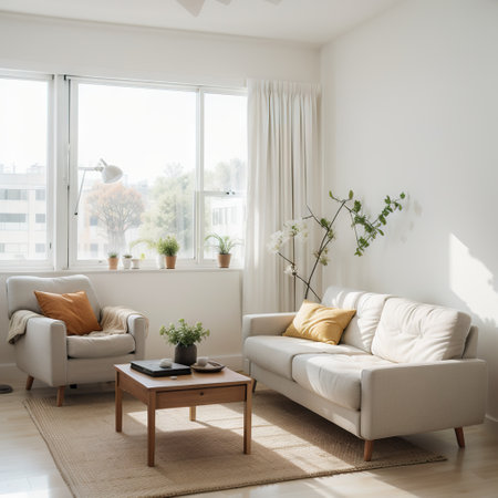 Motorized roller blinds. A sofa with colorful pillows in the room near windows with sunscreen curtain. Automatic roller shades onの素材