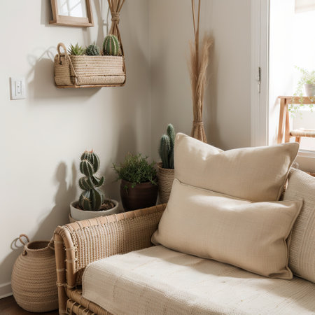 Stylish composition of cozy living room interior with copy space, bench in retro style, clay vase, crockery, straw wall decorationの素材