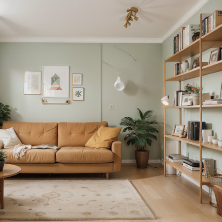 Retro living room with furniture. Cozy interior with sofa and bookcase. Flat  illustration.の素材
