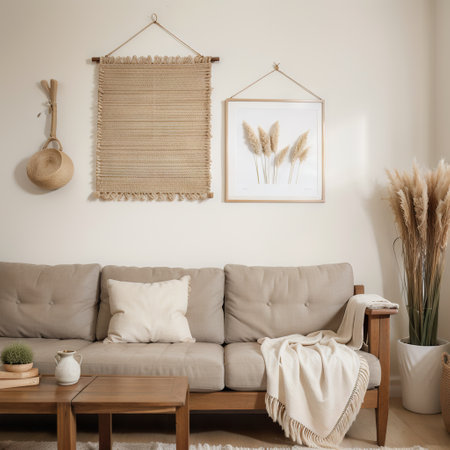 Square poster mockup with wooden frame in living room interior with sofa, beige pillow, dried Pampas grass on caned table and Japaの素材