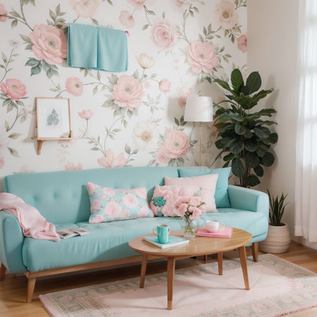 Turquoise lounge with pink blanket and pillows standing in stylish apartment interior with floral wallpaperの素材