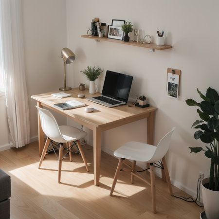 Wooden home office interior with laptop, vase and lamp on dark desk, chair and lighter wall design. Concept of modern workspace. Tの素材