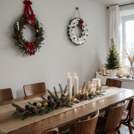 Stylish home interior with Christmas wreath and Christmas tree, festive decorations for winter holidays celebration. Evening atmosの素材