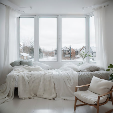 Mock up of empty room in white color with winter landscape in window. Scandinavian interior design.の素材