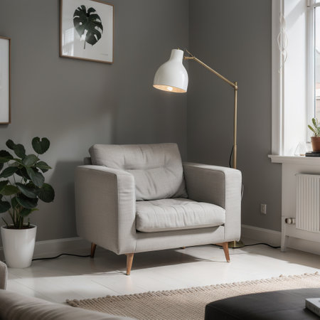 vases in the living room,armchair and lamp on empty room,lamp and plants,books,interior background,ingの素材