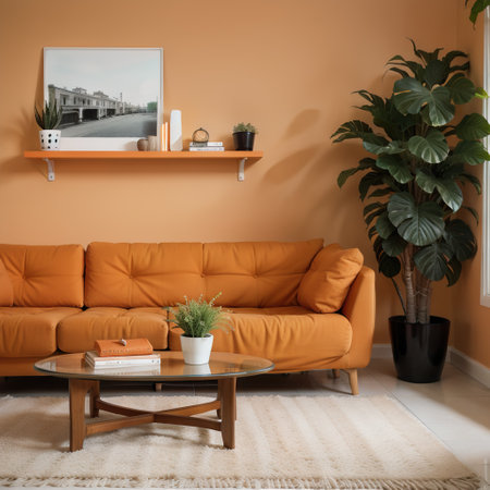 Stylish orange sofa with houseplants in modern interior of living roomの素材