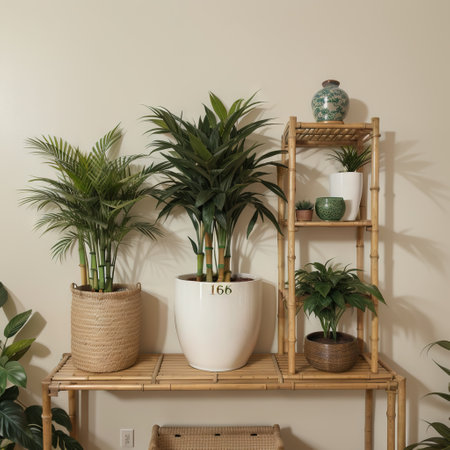 Bamboo frame and green plant on shelving unit near beige wallの素材