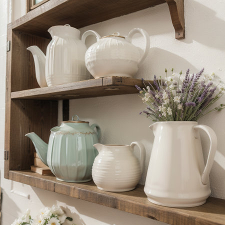 Shabby chic interior decor for farmhouse. Lavender in pitcher, books and lantern on a vintage shelf over pastel wall. Provence homの素材