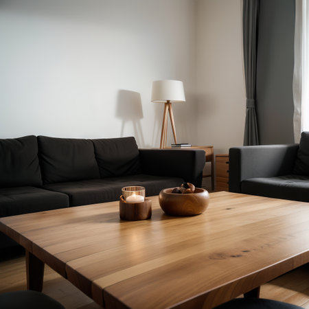 wooden table top with blur of modern living room interiorの素材