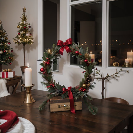 Stylish home interior with Christmas wreath and Christmas tree, festive decorations for winter holidays celebration. Evening atmosの素材