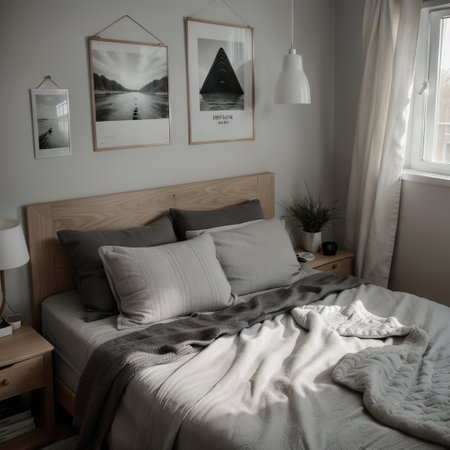 Grey blanket on bed with wooden bedhead in simple bedroom interior with dark poster and chair under windowの素材