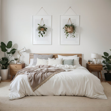 Mockup frame in bedroom interior background, room in light pastel colors,の素材