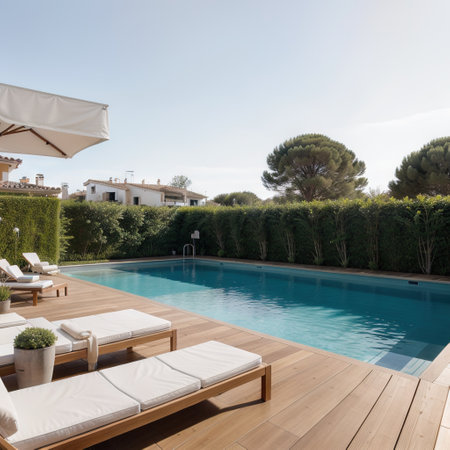 Modern villa with pool and deck with interior and exterior viewsの素材