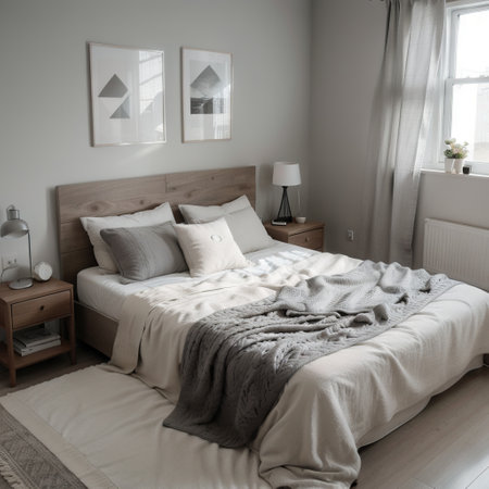Grey blanket on bed with wooden bedhead in simple bedroom interior with dark poster and chair under windowの素材