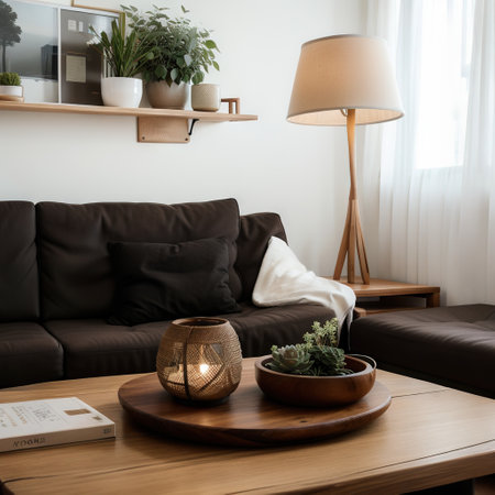 wooden table top with blur of modern living room interiorの素材