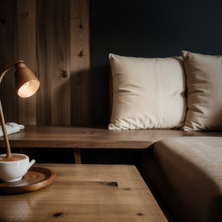 wooden table top with blur of modern living room interior