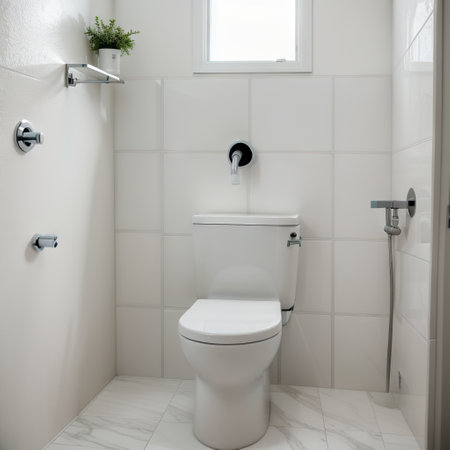 Flush toilet loed between sink and shower in small tiled bathroom of contemporary apartmentの素材