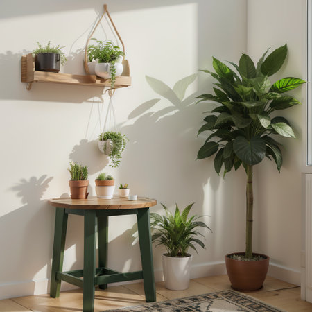 Green wall mockup with green plant and shelf.ingの素材