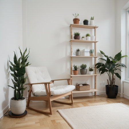 Interior of light room with modern shelving unit and workplaceの素材