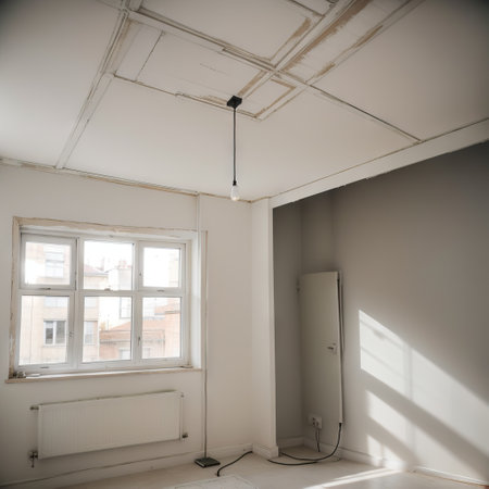 Empty rooms with large window, heating radiators before and after restoration. Comparison of old apartment and new renovated placeの素材