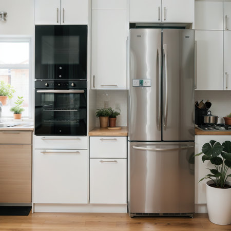 Vertical view of fridge, gas stove appliance, cooking hood, built in oven equipment, kitchenware supplies on shelves and green plaの素材