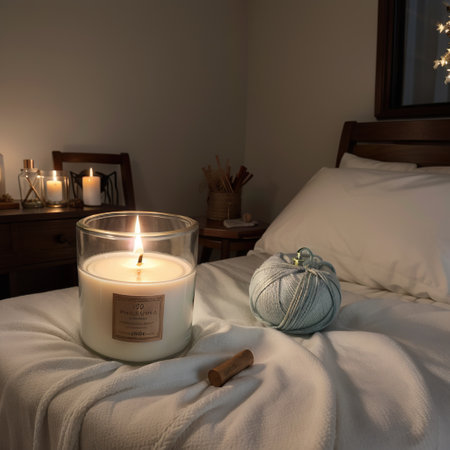Home perfume in glass bottle with wood sticks, scented burn candles, open paper book and knit wool textile on ray in bedroom closeの素材