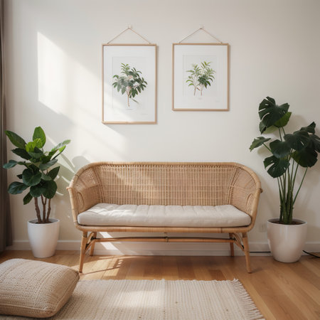 Mock up frame in modern interior background, neutral wooden living room with dried plant and home decor, ,の素材