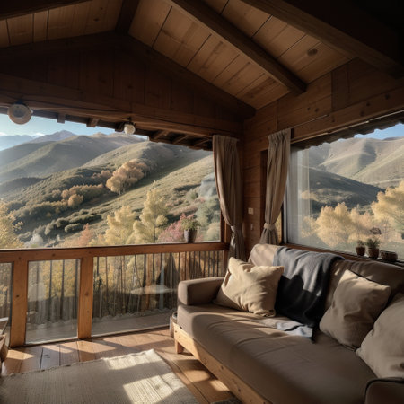 sits with phone on comfotable sofa in house highly in mountains. Recreation and escaping to nature conceptの素材