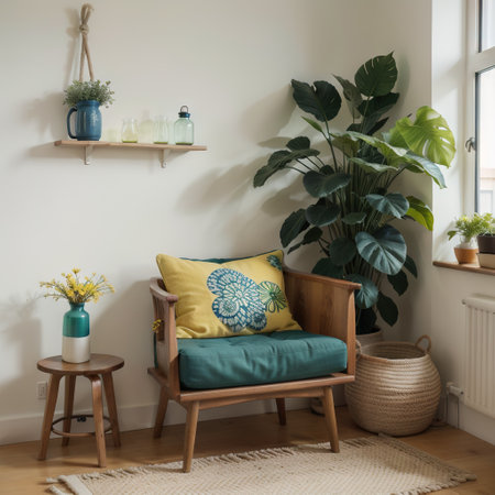 Yellow pillow on wooden armchair in blue and green flat interior with flowers and stool. Real photoの素材
