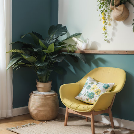 Yellow pillow on wooden armchair in blue and green flat interior with flowers and stool. Real photoの素材