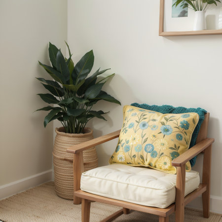 Yellow pillow on wooden armchair in blue and green flat interior with flowers and stool. Real photoの素材