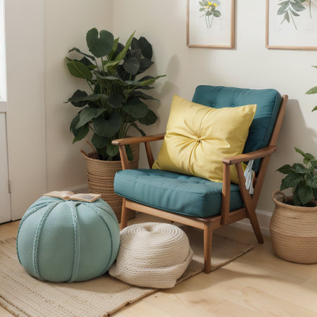Yellow pillow on wooden armchair in blue and green flat interior with flowers and stool. Real photoの素材