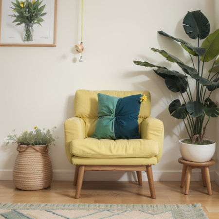 Yellow pillow on wooden armchair in blue and green flat interior with flowers and stool. Real photoの素材