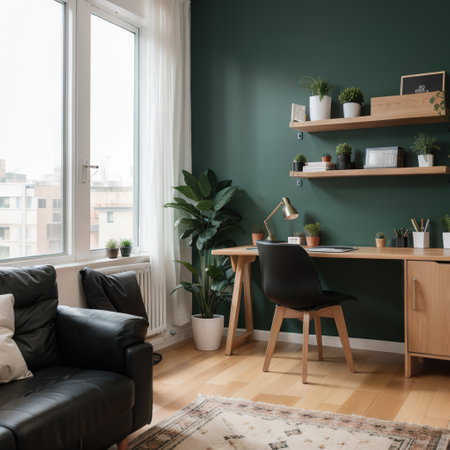 Concept of contemporary workplace. Modern room with minimal interior, decor at wooden table, shelves, chair and graphic painting oの素材