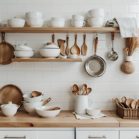 Interior of stylish kitchen with utensils and dinnerware on counterの素材