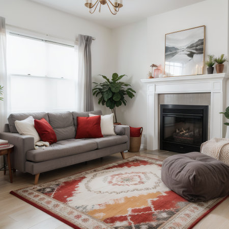 Real photo of colorful pillows on a red corner couch in white living room interior with gray rugの素材