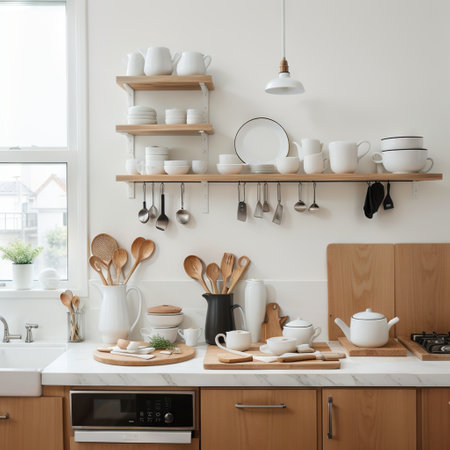 Interior of stylish kitchen with utensils and dinnerware on counterの素材