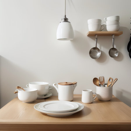 Interior of stylish kitchen with utensils and dinnerware on counterの素材