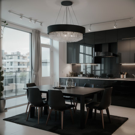 Modern dark kitchen interior with furniture and equipment. Style and design concept. ingの素材