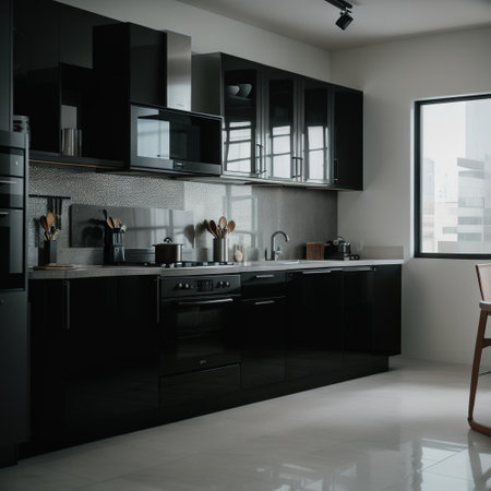 Modern dark kitchen interior with furniture and equipment. Style and design concept. ingの素材
