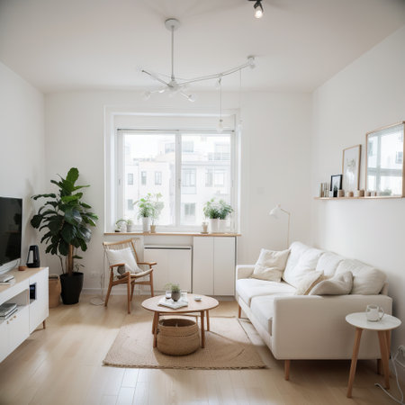interior design spacious bright studio apartment in Scandinavian style and warm pastel white and beige colors. trendy furniture inの素材