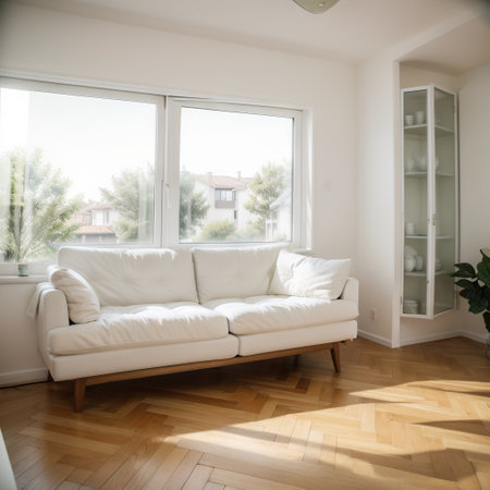 home interior, view white sofa and windowの素材