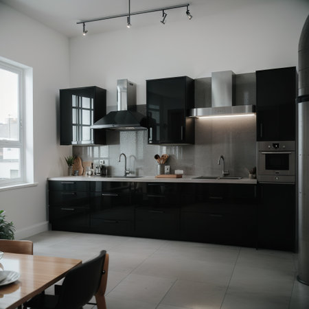 Modern dark kitchen interior with furniture and equipment. Style and design concept. ingの素材
