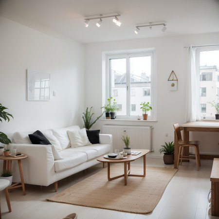 interior design spacious bright studio apartment in Scandinavian style and warm pastel white and beige colors. trendy furniture inの素材