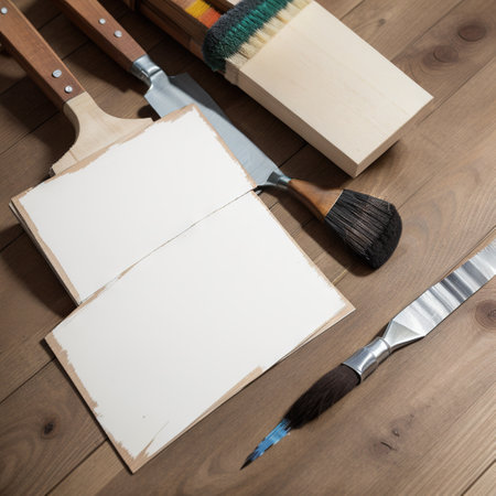 Color samples, decorative house, gloves and paintbrushes on wooden table backgroundの素材