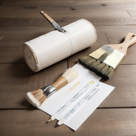 Color samples, decorative house, gloves and paintbrushes on wooden table backgroundの素材
