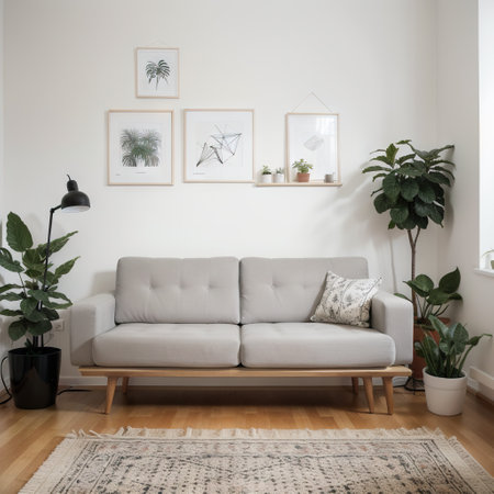 Interior in sketch style. Sofa, bedside table, floor lamp and shelf with plants.の素材