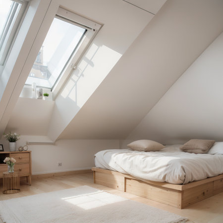 Comfortable bed on modern attic bedroom on mezzanine floor in loft style apartment with big window and white wallsの素材